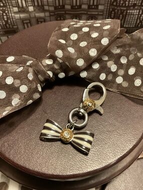Henri Bendel Centennial Stripes Bow w Swarovski Crystal Rivet Center Charm